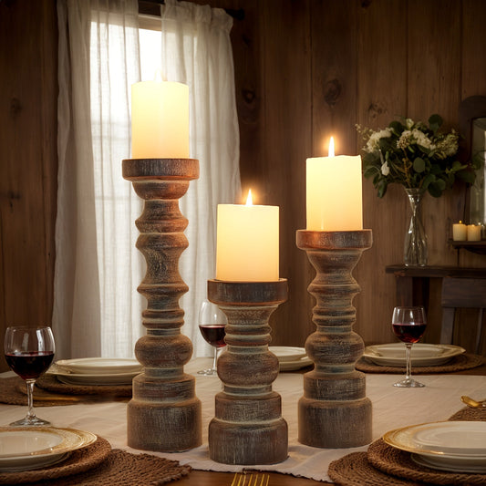 Candle Holder Set of 3 Graduated Brown Wood Pillar Stands with Turned Farmhouse Profiles for Tabletop Displays