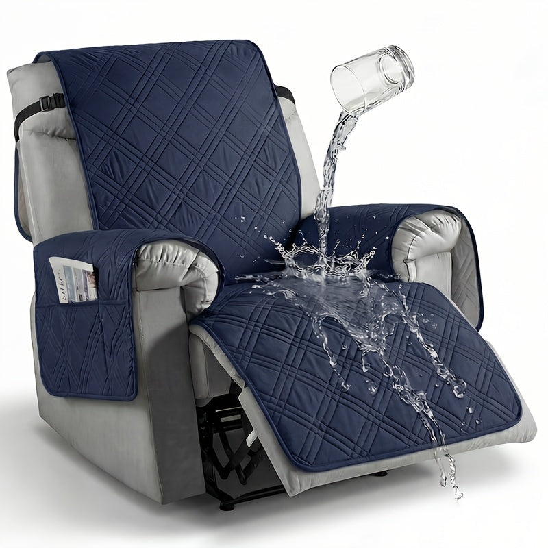 Quilted One-Piece Recliner Chair Cover with Side Pocket, Back Strap and Six Solid Color Options