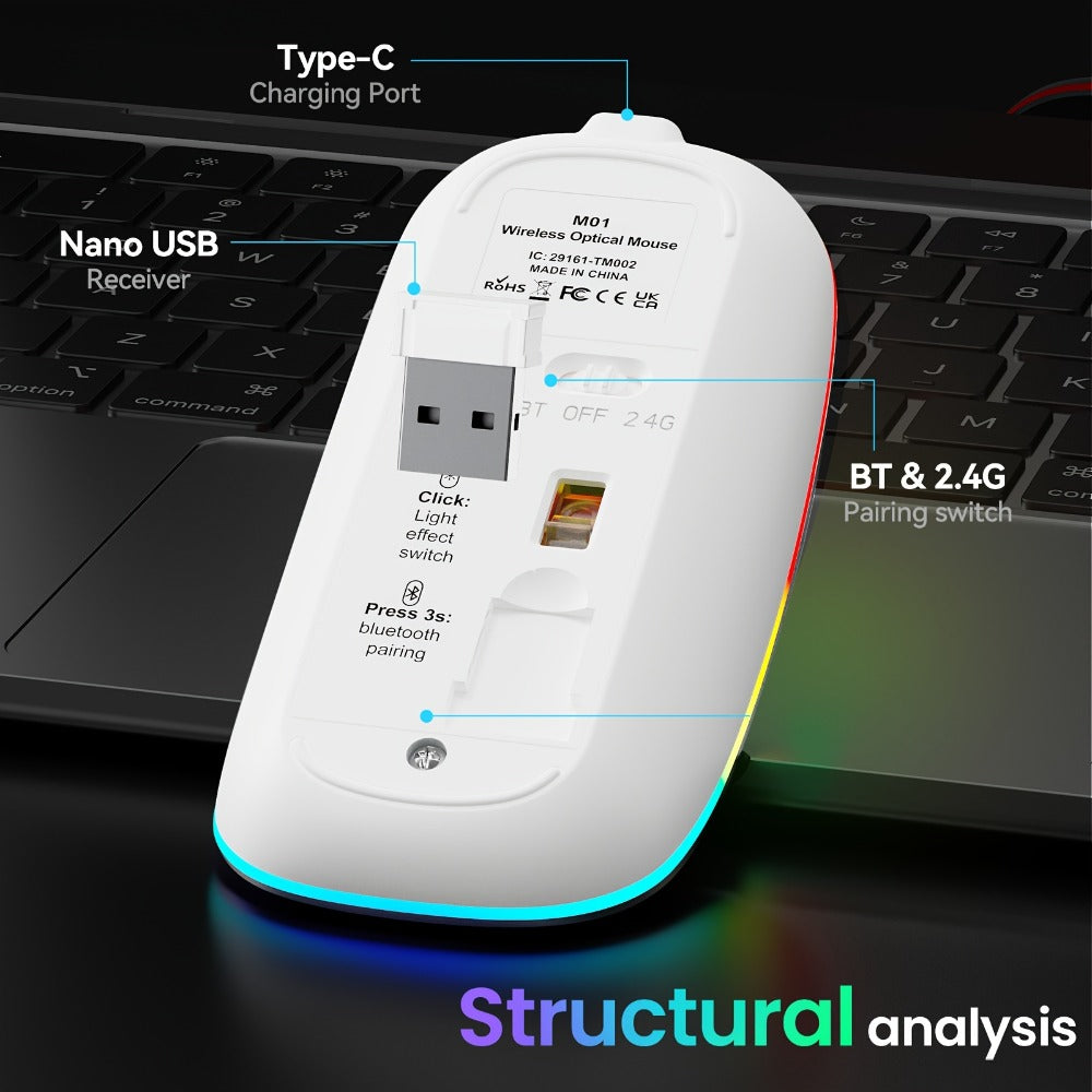 Slim Dual-Mode Wireless Mouse with Bluetooth 5.1, 2.4 GHz Receiver, RGB Lighting and Pink Finish
