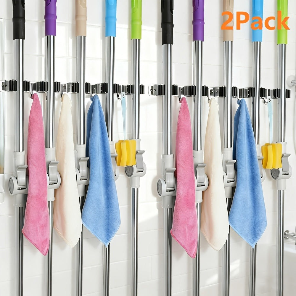 Mop and Broom Holder Wall Mount – Stainless Steel Heavy Duty Self Adhesive Rack with 5 Slots & 4 Hooks, No-Drill Storage Organizer for Kitchen Garage Laundry Garden Home