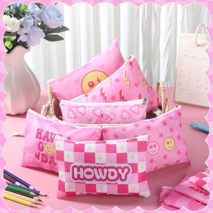 Bulk 24-Piece Pink Cosmetic Pouch Set with Mixed Western-Style Prints and Top Zipper Closures