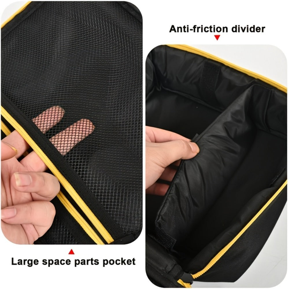 Tool Bag for Dewalt Cordless Router DCW600B XTR01Z - Heavy Duty Fabric Organizer with Mesh Pockets, Battery Holder, Charger Compartment, Drill Bit Storage, Black Yellow Trim