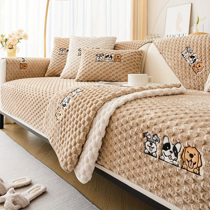 Sofa Cover, Honeycomb Velvet Animal-Embroidered Couch Pad with Non-Slip Backing in Three Colors