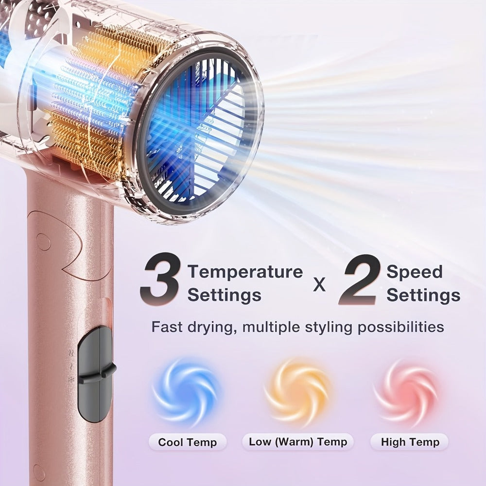 1875W Ionic Travel Hair Dryer Foldable with Diffuser & Concentrator Nozzle — Brushless Motor, 3 Heat Settings, 2 Speeds, Fast Drying Compact Blow Dryer for All Hair Types, Pink or Gray