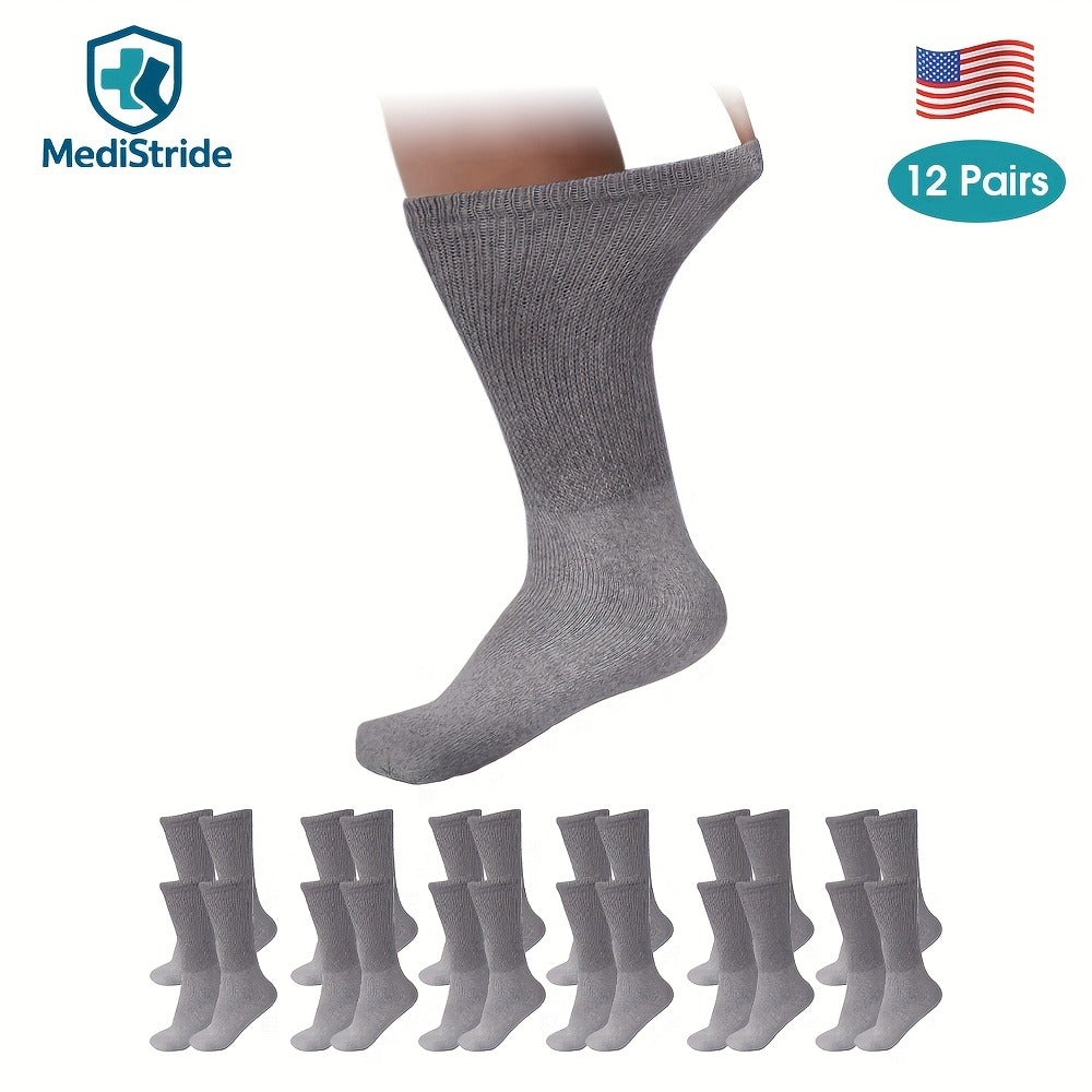 12-Pair Crew-Length Diabetic Sock Set in Six Colors with 9-11, 10-13 and 13-15 Size Options