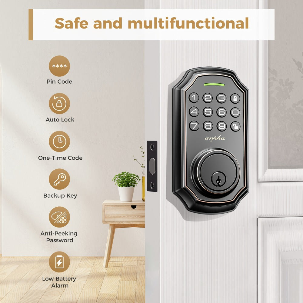 100 Code Keypad Door Lock Smart Keyless Entry Deadbolt – Anti-Peep Password, One-Touch Auto Lock, Fingerprint & WiFi Options, Zinc Alloy Front Door Lock, Easy Install, Low Battery Alarm, Black Silver