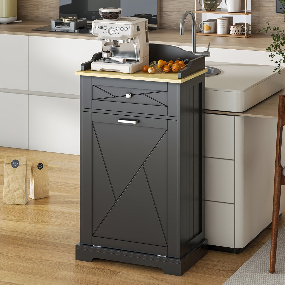 Storage Cabinet 12-Gallon Tilt-Out Trash Bin Enclosure with Top Drawer and Two Color Options