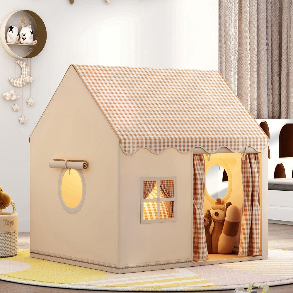 Checked Cabin Kids Play Tent in Pink, Khaki or Yellow with 130 x 120 x 100cm House Frame and Scalloped Roof