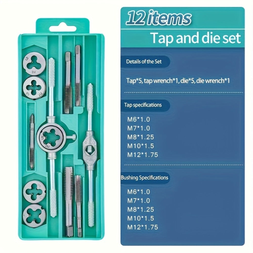 Metric Tap and Die Threading Set with M3 to M12 Sizes in 12- or 40-Piece Storage Case Configurations