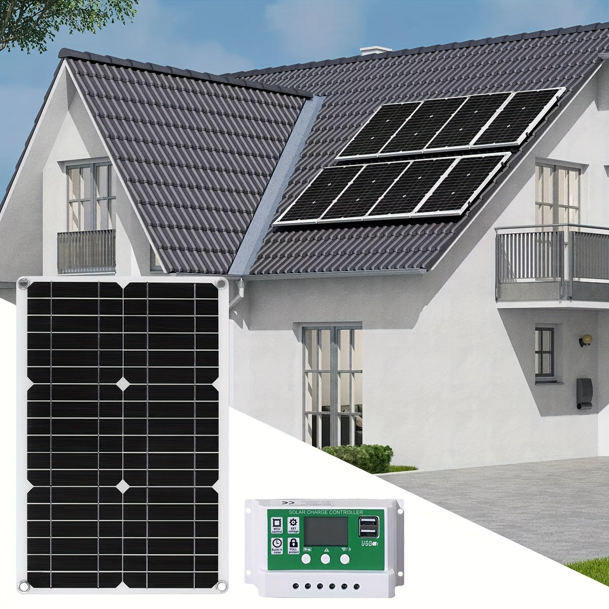 Solar Panel Kit 12V Monocrystalline | Solar Charge Controller, Battery Clips, Extension Cable, USB Ports for Car, Boat, RV, Motorcycle, Camping, Emergency Battery Charging