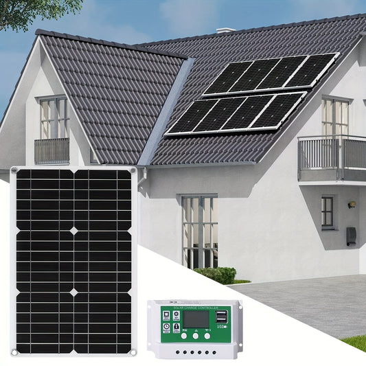Solar Panel Kit 12V Monocrystalline | Solar Charge Controller, Battery Clips, Extension Cable, USB Ports for Car, Boat, RV, Motorcycle, Camping, Emergency Battery Charging