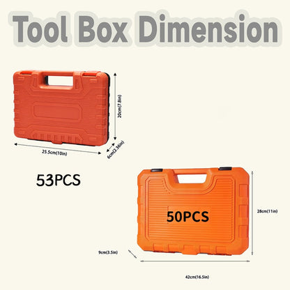 Fifty or Fifty-Three Piece Auto and Bicycle Repair Tool Set with Ratchet, Sockets and Orange Case
