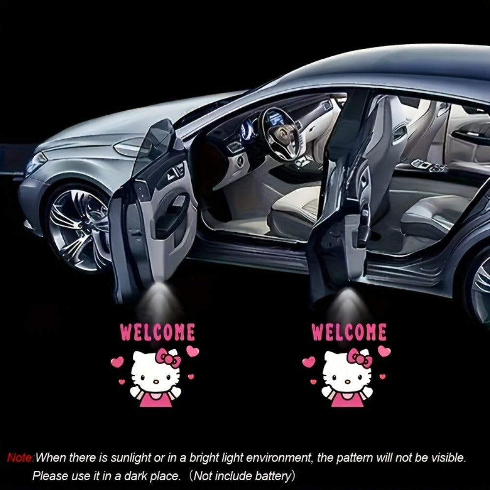 Car Door LED Projector Lights – Hello Kitty Cartoon Shadow Light, Wireless Puddle Light, Ground Projection Lamp for Car Accessories (Set of 2, No Battery)