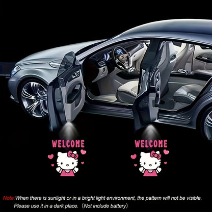 Car Door LED Projector Lights – Hello Kitty Cartoon Shadow Light, Wireless Puddle Light, Ground Projection Lamp for Car Accessories (Set of 2, No Battery)