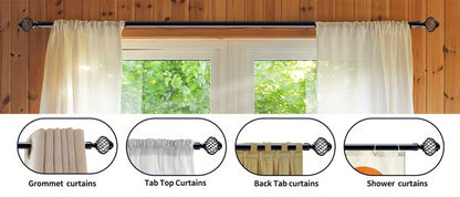 Black Adjustable Curtain Rod with Lattice Finials and Four Length Ranges from 18–32 to 34–152 Inches