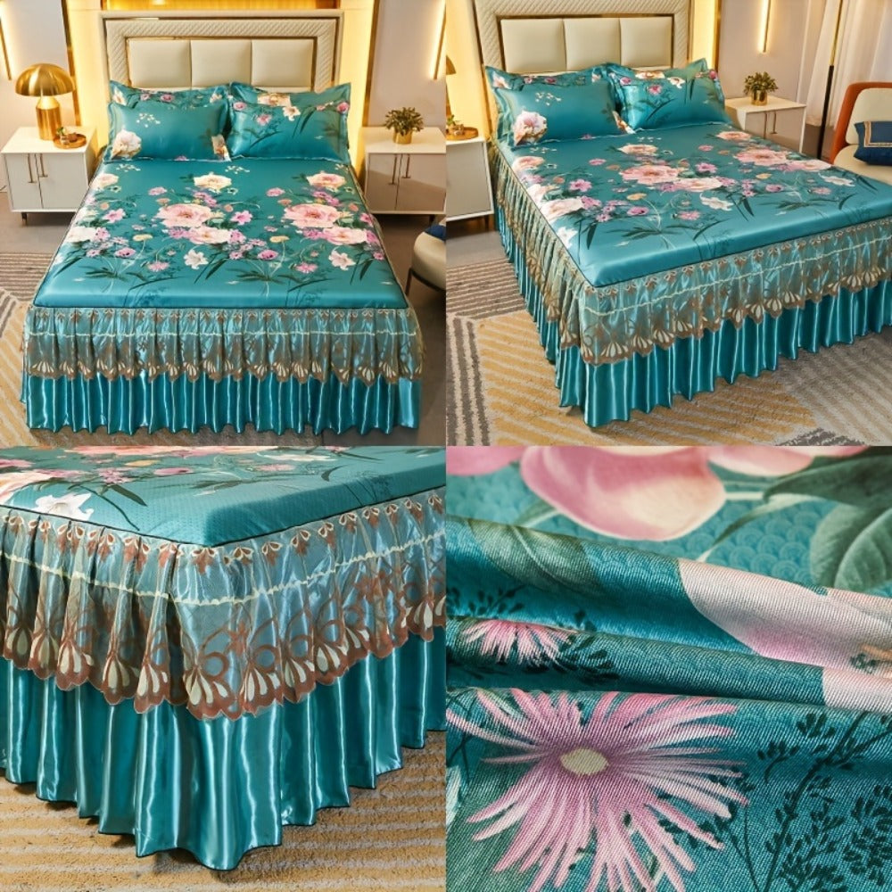 Ruffled Floral Bedspread Mat Set with Two Pillowcases, Twin to King Sizes and Four Pattern Choices
