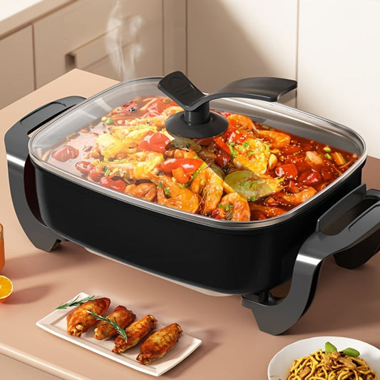 Electric Ceramic Non-Stick Pot 12x12 Inch 1500W Square Skillet with Glass Lid Adjustable Temperature Frying Baking Steaming Boiling Easy Clean Home Kitchen Cookware