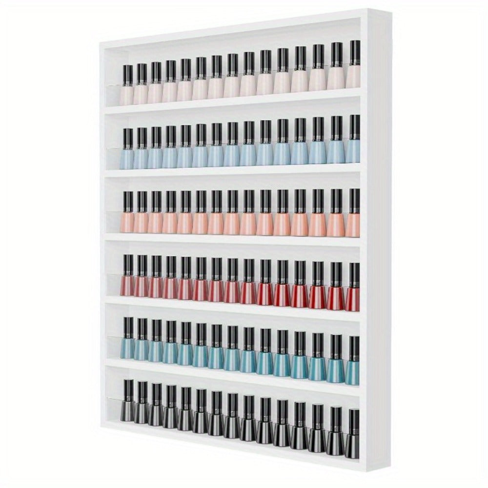 Wall Mount Nail Polish Rack 6 Tier Holds 120 Bottles with Acrylic Baffles — Large Nail Varnish Display Shelf Organizer for Salon Home White Black