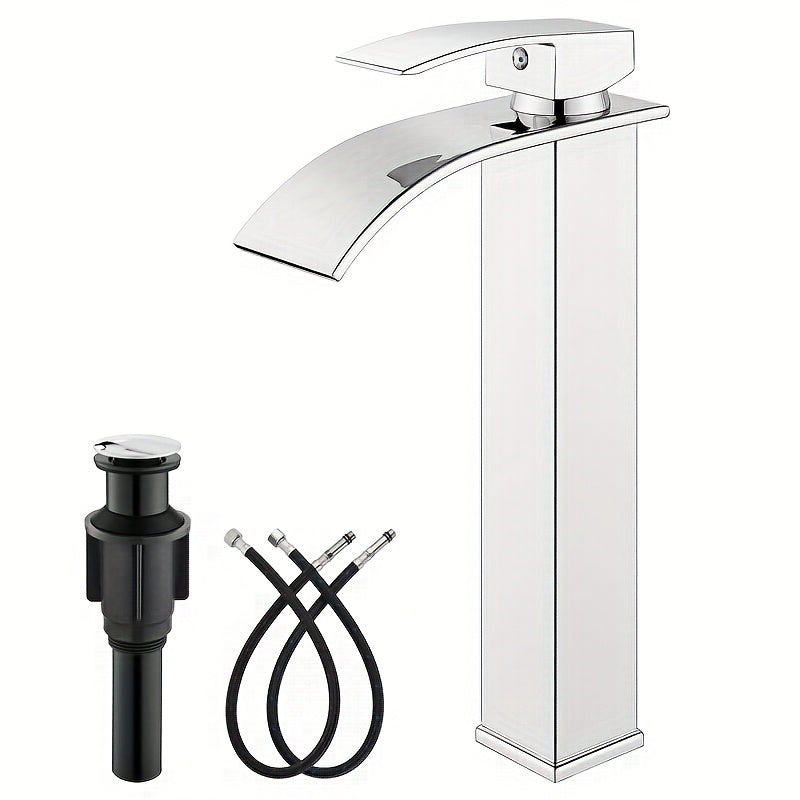 Single-Handle Waterfall Bathroom Faucet with Deck Plate, Drain Options and Single or Two-Piece Finishes