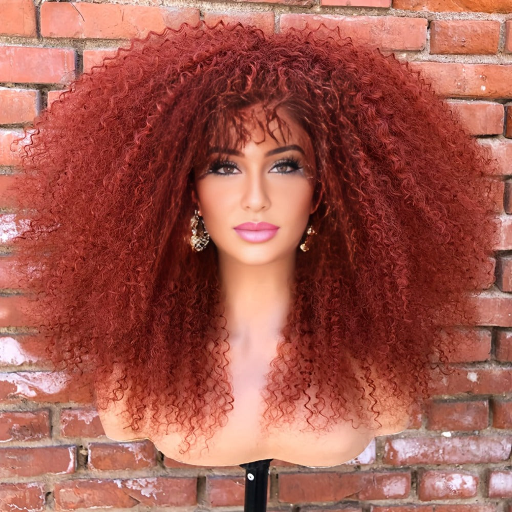 Synthetic Wig 18-Inch Kinky Curly Afro with Full Bangs, Glueless Straps and Combs for Costume Styling