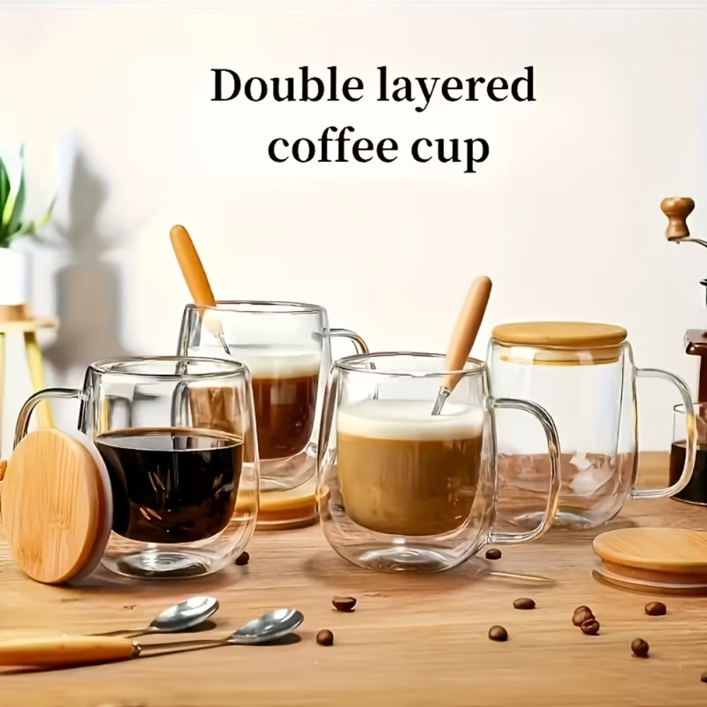 Four-Piece Double-Wall Glass Coffee Cup Set with 350 ml Capacity, Wooden-Style Lids and Spoons