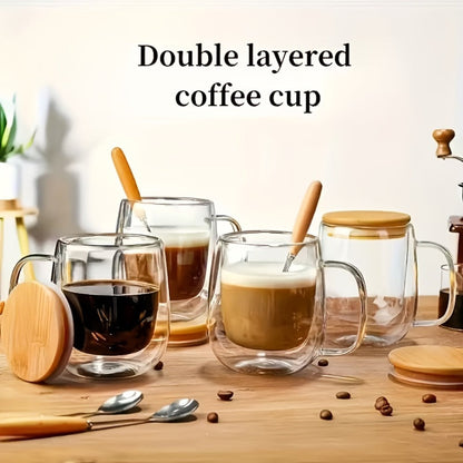 Four-Piece Double-Wall Glass Coffee Cup Set with 350 ml Capacity, Wooden-Style Lids and Spoons