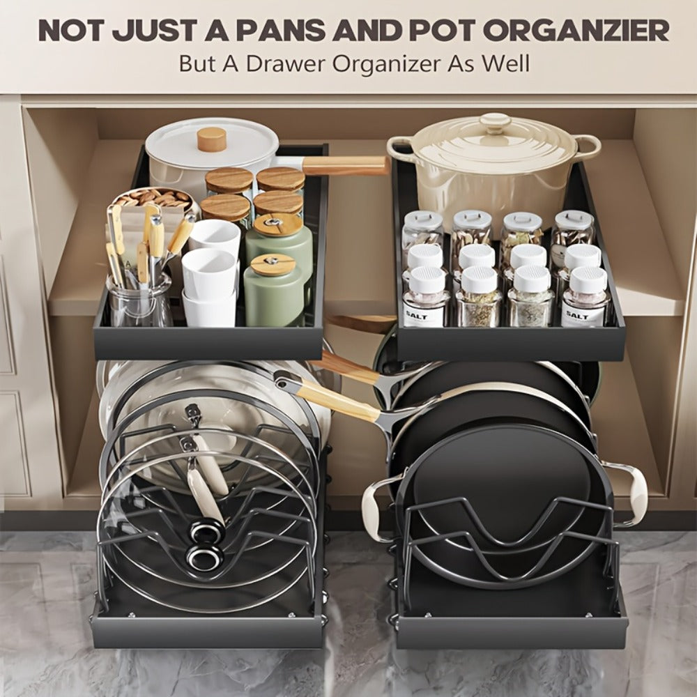Two-Piece Pull-Out Cabinet Organizer for Pot Lids and Cookware with Removable Dividers in Black or White