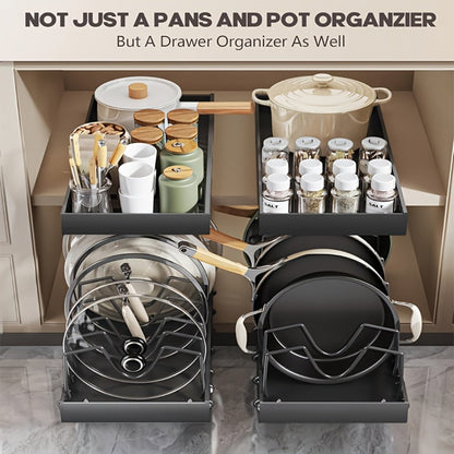 Two-Piece Pull-Out Cabinet Organizer for Pot Lids and Cookware with Removable Dividers in Black or White