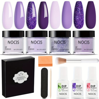 Dip Powder Nail Kit with NOCIS Label, Four Lilac Lavender Purple Glitter Powders, Three 10ml Liquids and Tools