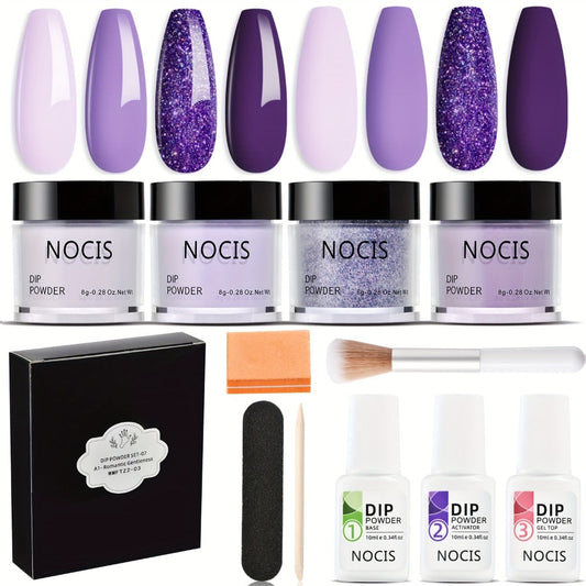 Dip Powder Nail Kit 4 Colors Lilac Lavender Purple Glitter - All-in-One Beginner Manicure Set with Base Coat Activator Top Coat No UV Lamp French Nail Art Home Salon