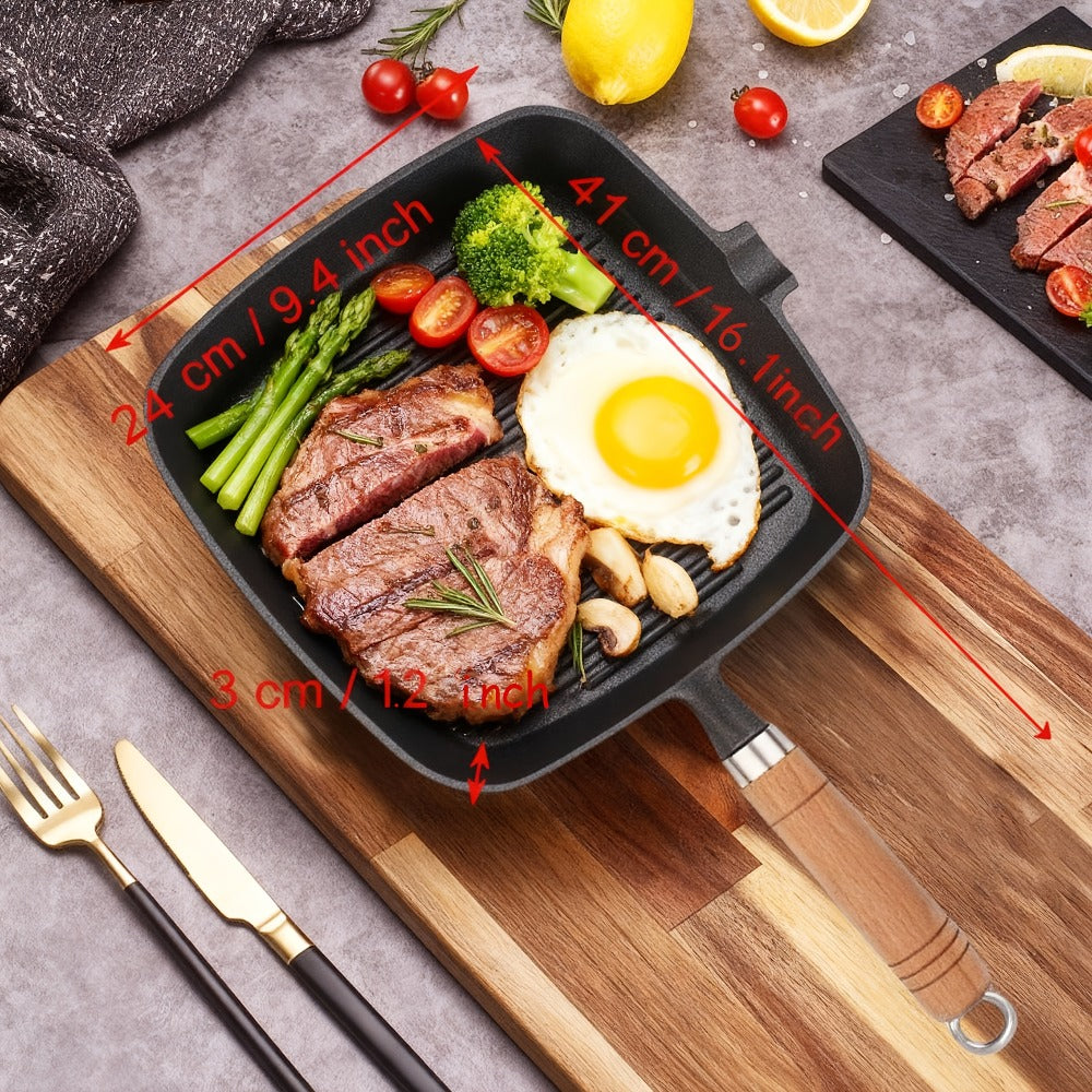 Cast Iron Grill Pan with Non-Stick Surface & Striped Design – Thick Wooden Handle Skillet for Steak, Meat, Pancakes & Eggs | Gas Stove, Home & Outdoor Camping Cookware