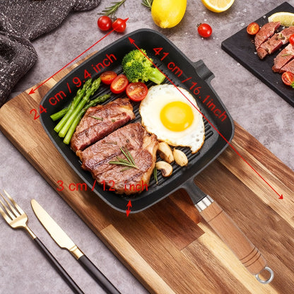 Cast Iron Grill Pan with Non-Stick Surface & Striped Design – Thick Wooden Handle Skillet for Steak, Meat, Pancakes & Eggs | Gas Stove, Home & Outdoor Camping Cookware