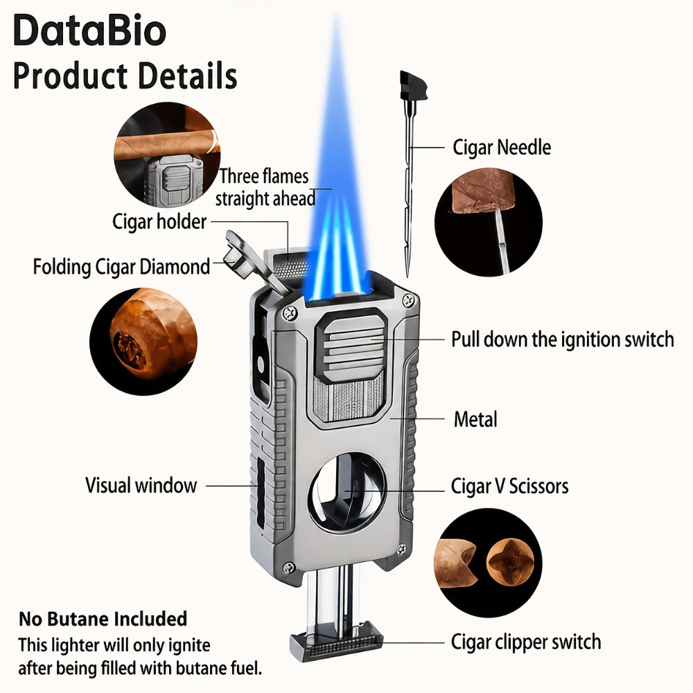 Three-Jet Refillable Butane Lighter with Fuel Window, Cigar Cutter, Punch and Needle Tools