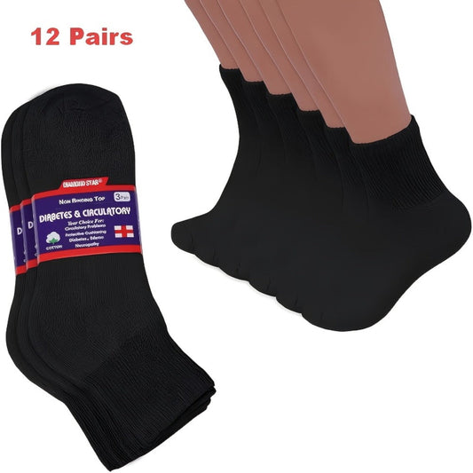 Diabetic Socks 12 Pairs Non Binding Low Cut Cushioned Seamless Loose Fit Ankle Socks for Men Women Edema Neuropathy Wide Toe Box White Black Brown Grey Khaki Navy