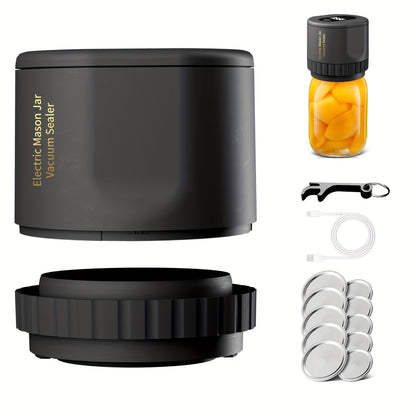 Electric Mason Jar Vacuum Sealer Kit with Regular- and Wide-Mouth Adapters, Lid Accessories and Charging Cable