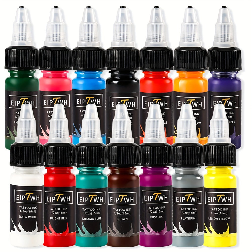 Tattoo Ink Set 14 Colors — EIPTWH 15ml Vivid Pigment Kit, Long-Lasting Skin-Safe Formula, Complete Professional & Beginner Color Palette for Body Art