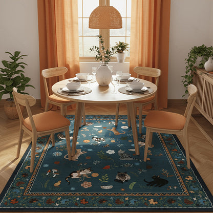 Area Rug, Vintage Blue Cat and Floral Low-Pile Carpet in Rectangle, Runner and Round Size Options
