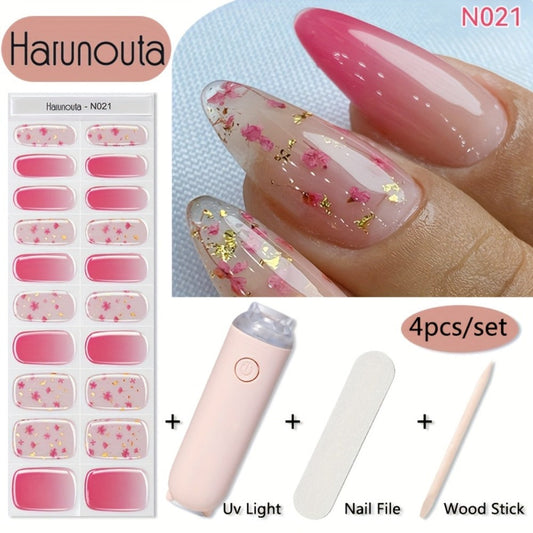 Semi Cured Gel Nail Strips Kit with Handheld LED Nail Lamp — 20 Real Gel Nail Stickers Wraps for DIY Nail Art Manicure at Home, Glitter & Flower Designs, Easy Apply Long-Lasting Chip-Resistant Gel Finish