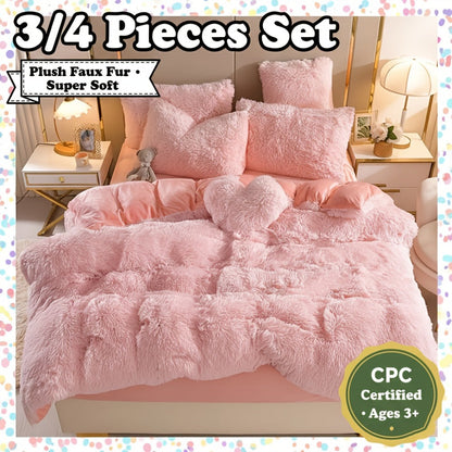 Plush Faux Fur Duvet Cover Set with Heart Pillow, Corner Ties and Twin, Queen or King Sizes in Eight Colors