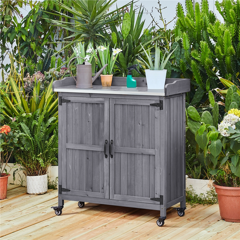 Rolling Potting Bench 3-Tier Wooden Garden Workstation Waist-High Galvanized Metal Top Lockable Casters Side Hooks Shelves for Outdoor Patio Gardening Storage