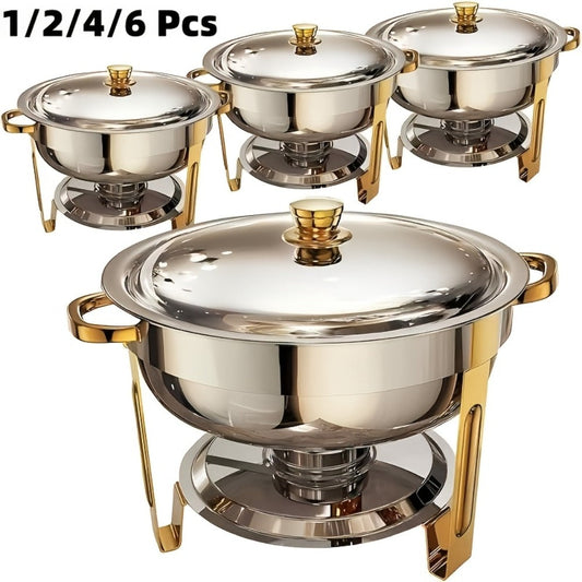 Chafing Dish Buffet Set Stainless Steel Food Warmer 6QT Round Chafer for Catering Events Parties Weddings Banquets, Silver & Gold, 1/2/4/6 Pack Options