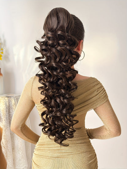 Curly Ponytail Extension 28 Inch Long Heat Resistant Synthetic Clip In Wrap Around Hairpiece Voluminous Bouncy Curls 4 Styles for Women Everyday Parties Festivals