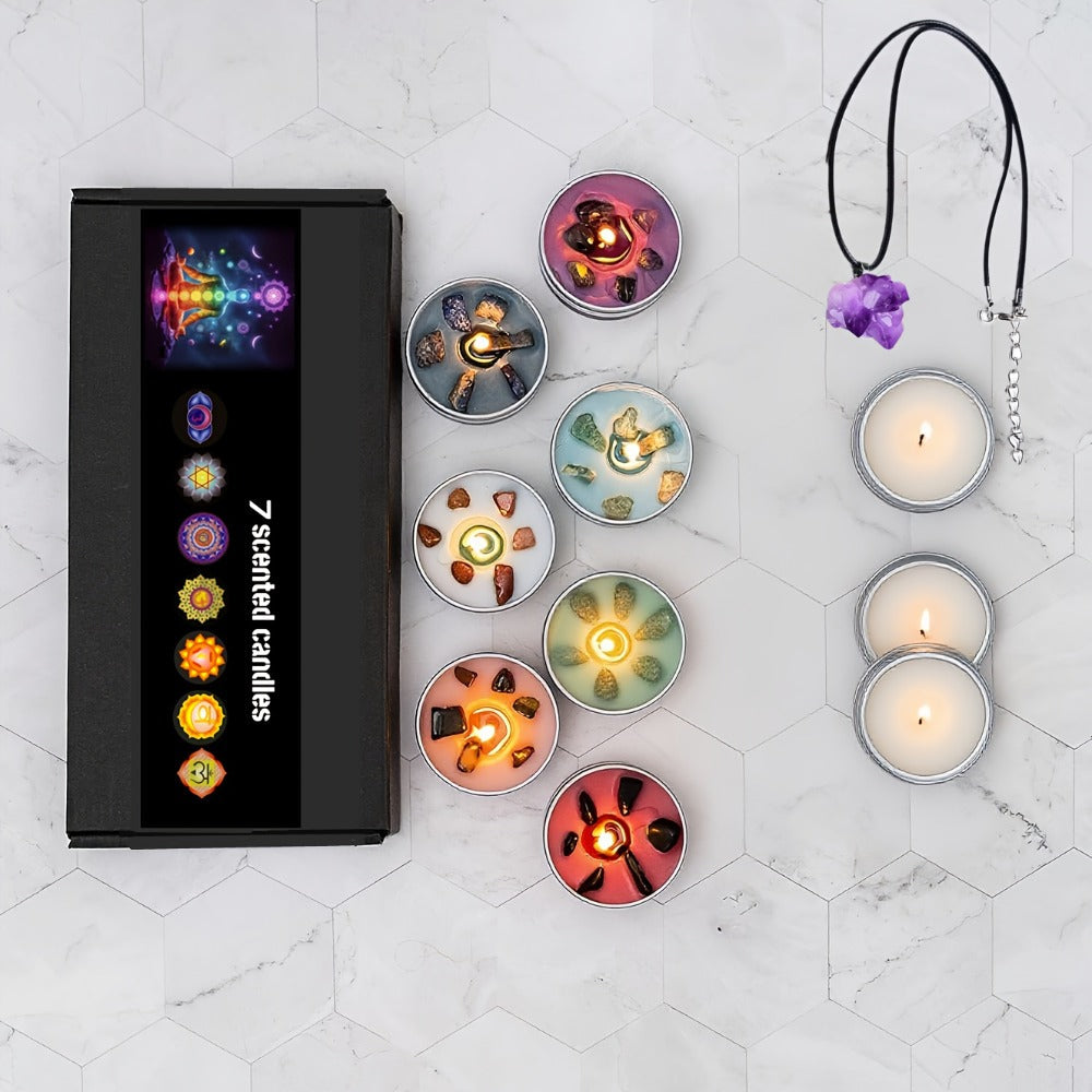 Seven-Piece Color Candle Gift Box with Crystal-Style Pendant Necklaces and Pictured 2.2 oz Tins