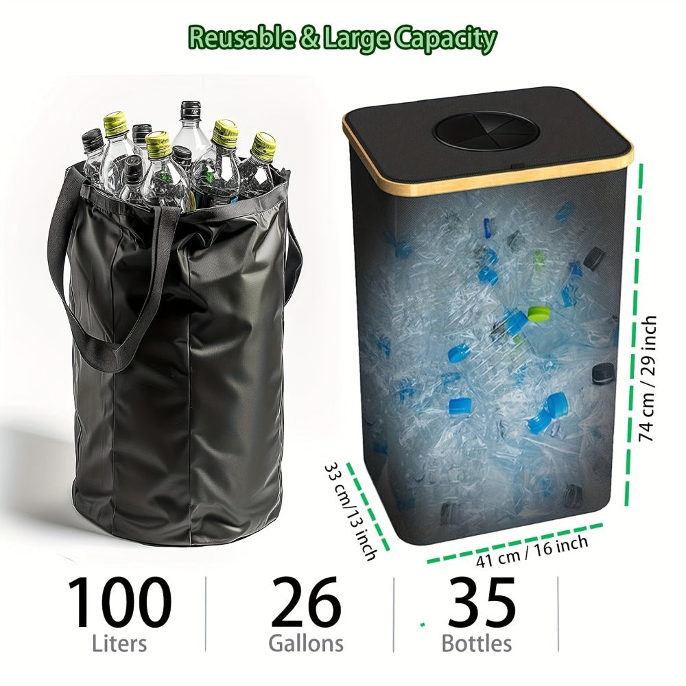 Collapsible 100L Recycling Bin with Lid and Removable Inner Bag in Black or Dark Gray for Home Sorting