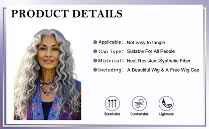 Deep Wave Curly Wig for Women 24 Inch Space Gray Long Synthetic — Glueless Adjustable Buckle Net Cap Heat Resistant for Cosplay Halloween Party Daily Wear