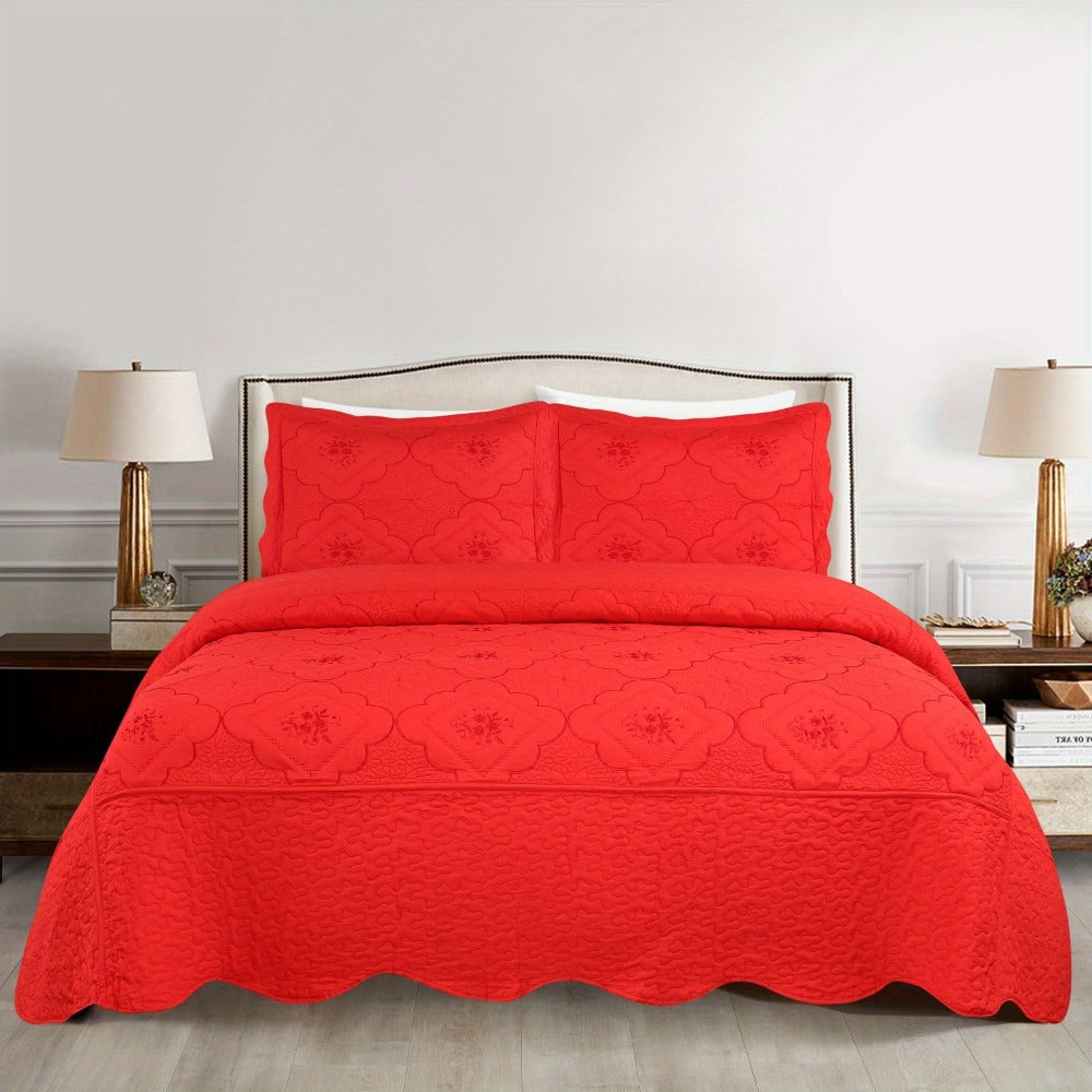 Quilt Set 3 Piece Floral Embroidery Bedspread - 100% Polyester Wrinkle Resistant Lightweight Quilted Coverlet with 2 Pillow Shams for Full Queen King Bed, Elegant Bedroom Decor in 19 Colors