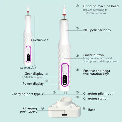 Electric Nail Drill 20000 RPM Portable E-File with Digital Display, Accessory Bits and White Finish