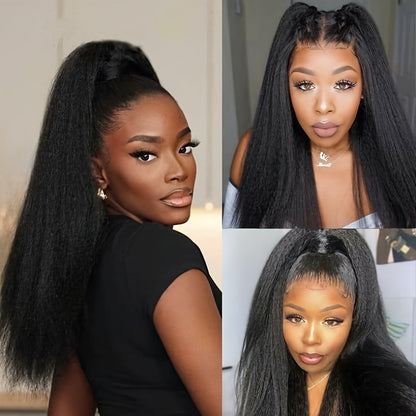 Synthetic Wig 26-Inch Black Kinky-Straight Yaki with HD Lace Front, Glueless Cap and 160°C Fiber