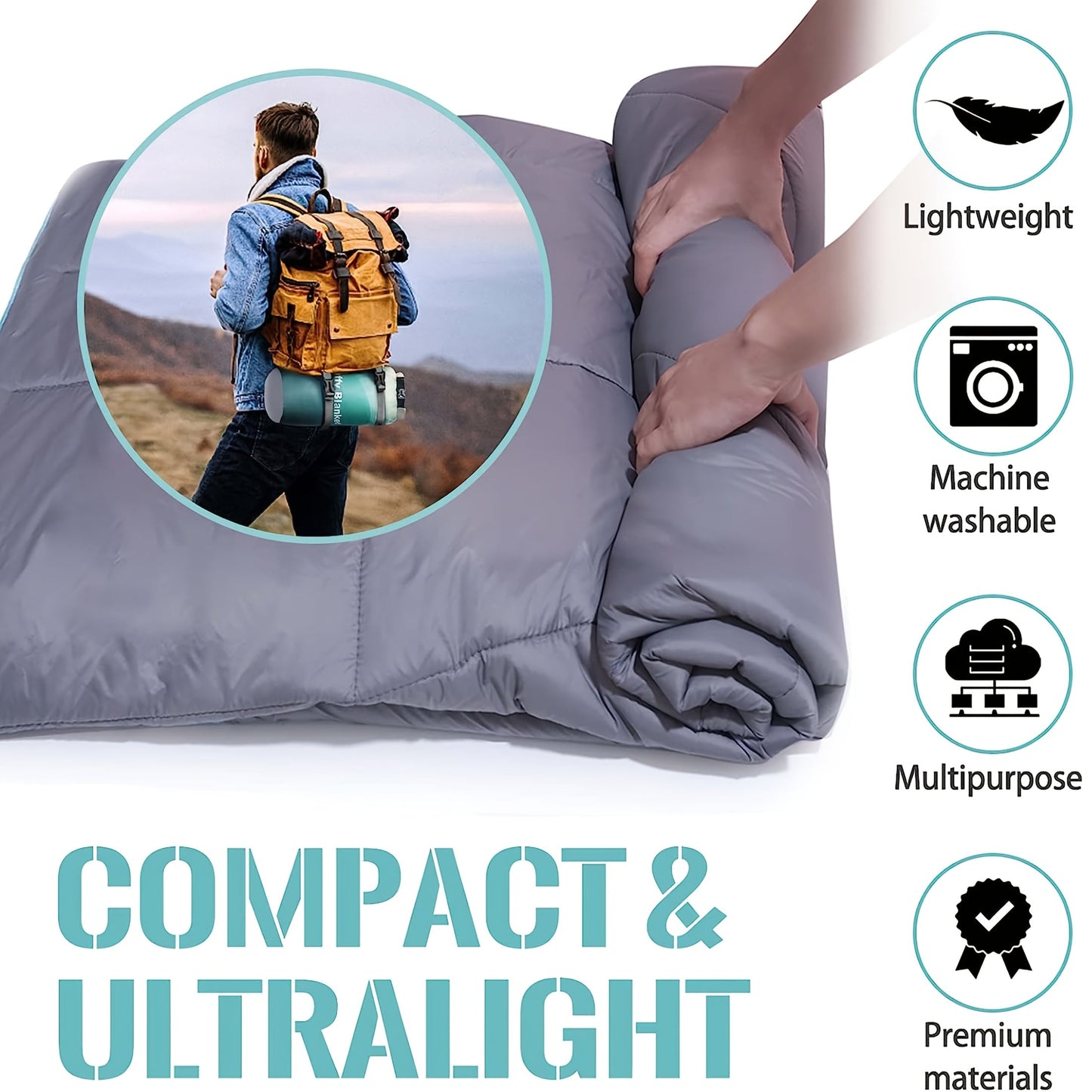 Quilted Camping Blanket in Nine Printed or Solid Designs, Each with Displayed 55 x 79-Inch Size and Roll Bag