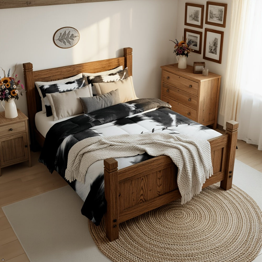 Western Cowhide Print Comforter and Pillowcase Set in Dark Gray with Twin, Full, Queen or King Sizes